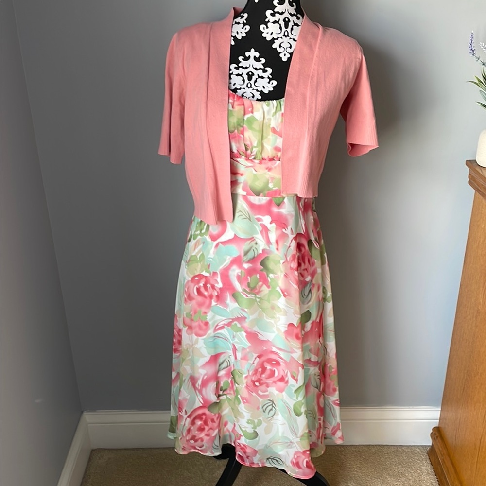 Floral Dress with Pink Cardigan